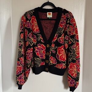 LIKE NEW FARM Rio Floral Shiny Chita Knit Cardigan Sweater